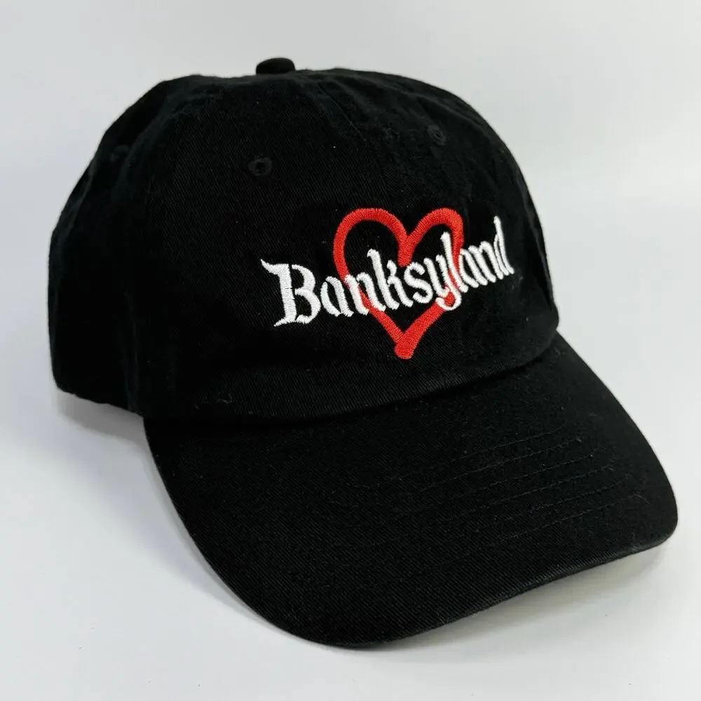 Black Banksyland Adjustable Hat Cap Embroidered Cotton Red Heart Banksy